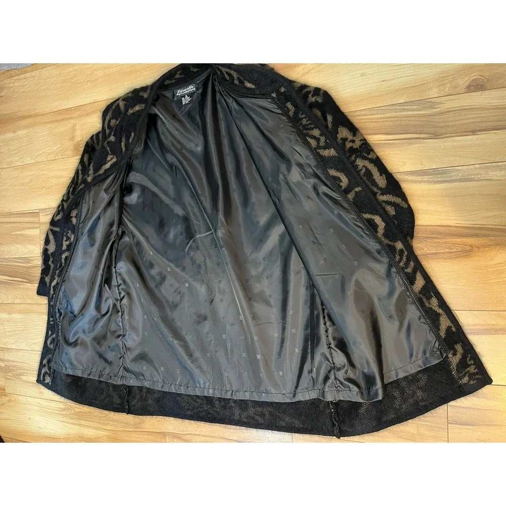 VENESHA Black & Brown Angora Thigh Length Patterned Sweater Jacket Size Small
